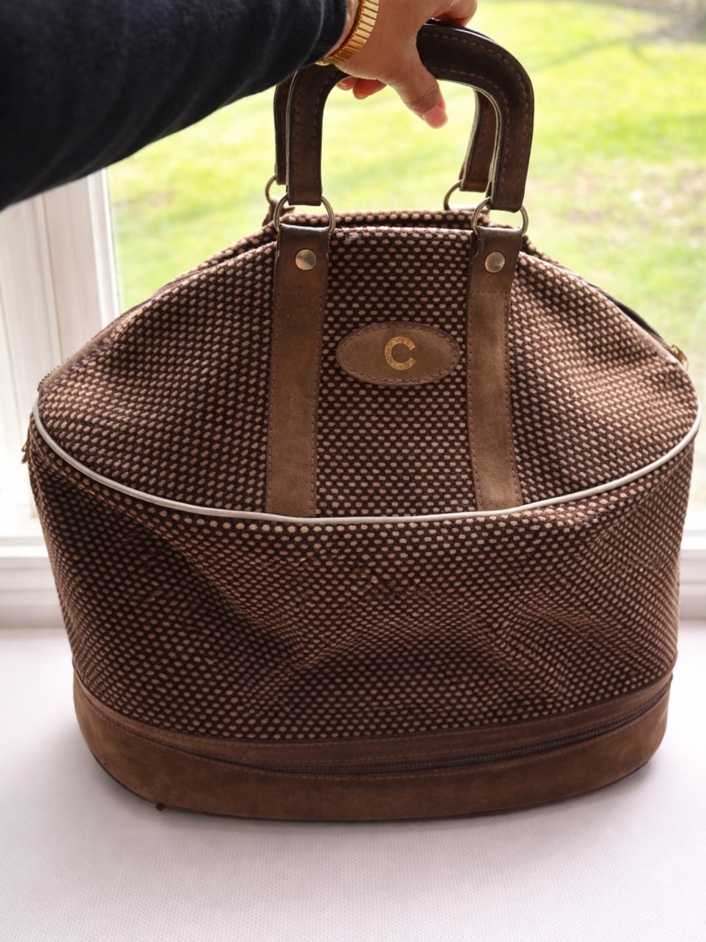 Vintage C&C California Brown and Cream Polka Dot Travel Tote with leather trim